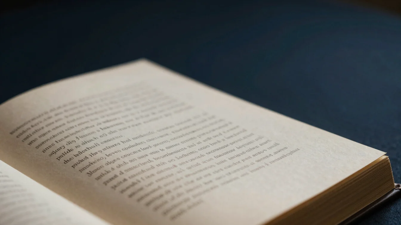Macro detail of an open book with fine typography on heavy ivory