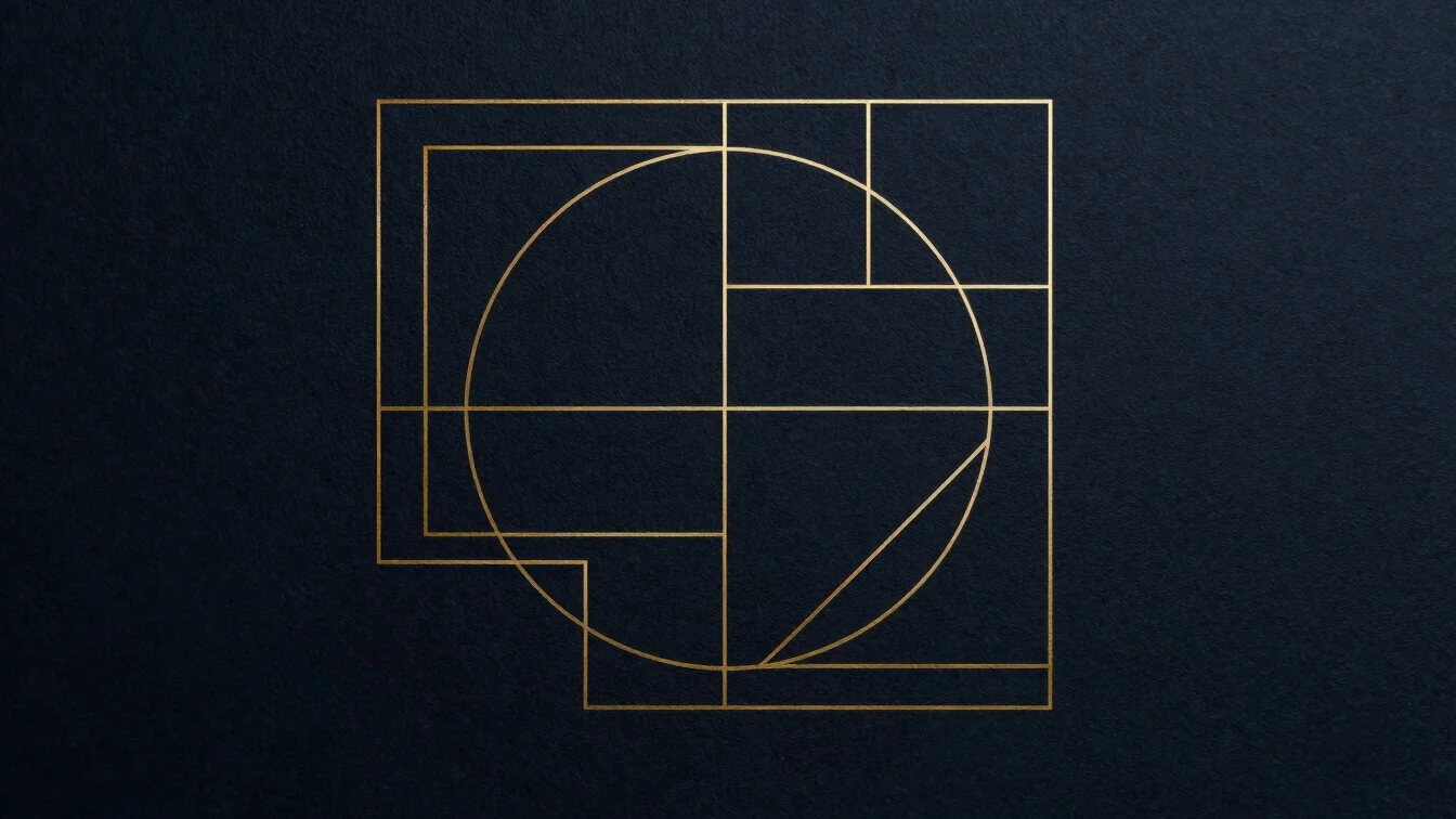 Minimalist geometric line art on dark petrol surface with warm go